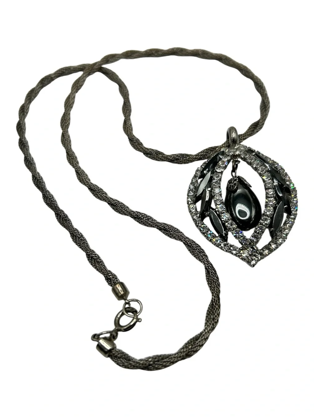 Vintage Juliana Hematite Glass Drop Rhinestone Pendant Necklace